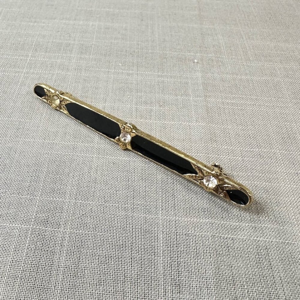 Vintage Victorian Style Gold Tone Black Enamel and Rhinestone Bar Brooch